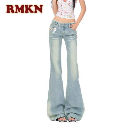 RMKN美式辣妹蕾丝拼接微喇牛仔裤女夏季浅蓝色水洗显瘦垂感拖地裤