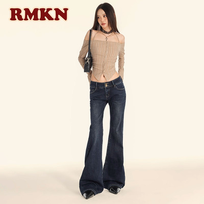 RMKN美式复古微喇牛仔裤女低腰辣妹显瘦百搭弹力拖地喇叭裤子