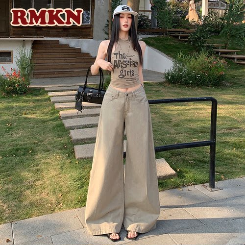 RMKN浅卡其色高腰阔腿牛仔裤女春季复古宽松显瘦垂感直筒拖地长裤