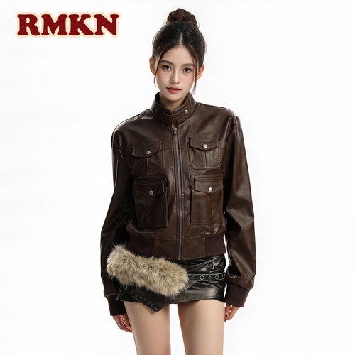 RMKN多口袋设计立领工装皮外套女秋季美拉德独特短款机车夹克