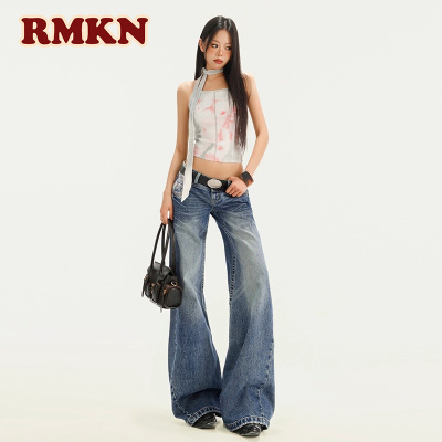RMKN美式复古深蓝色低腰水洗蓝喇叭牛仔裤女显瘦垂坠感微喇拖地裤