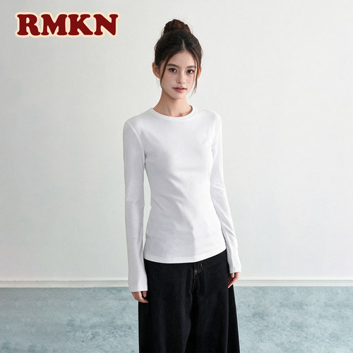 RMKN白色圆领正肩弹力长袖t恤修身显瘦内搭打底衫辣妹收腰上衣