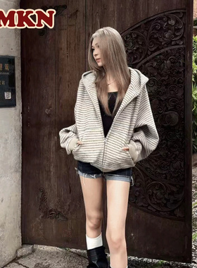 RMKN美式复古条纹拉链开衫2025早秋新款连帽卫衣男女情侣外套