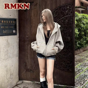 RMKN美式复古条纹拉链开衫2025早秋新款连帽卫衣男女情侣外套