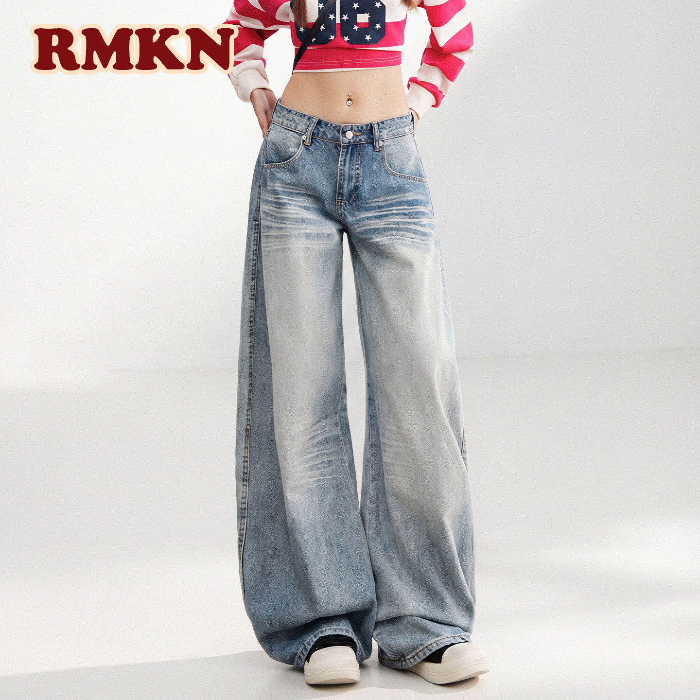 RMKN美式水洗立体猫须设计感低腰牛仔裤女春夏宽松显瘦百搭阔腿裤