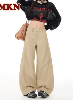 RMKN美式拼接工装复古牛仔裤2025新款设计感拼接宽松阔腿直筒长裤