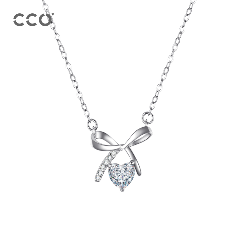 s925银蝴蝶结锆石爱心吊坠锁骨链