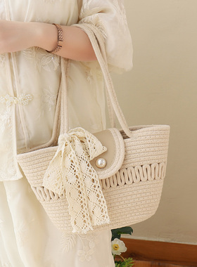 法式草编包女2026新款单肩编织托特包大容量田园菜篮子度假沙滩包