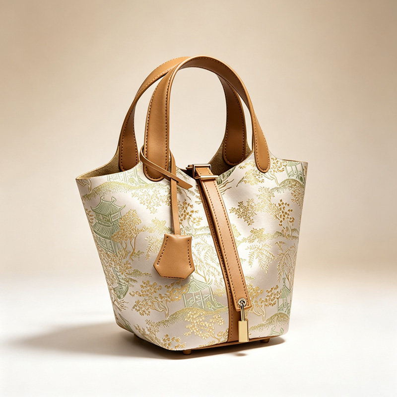 真皮宋锦水桶包新款手提菜篮子包