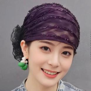 夏季新款透气网纱波浪纹发带帽遮白发收碎发蕾丝薄款包头帽妈妈帽