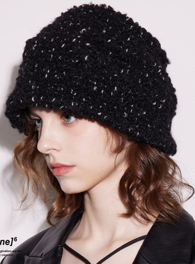 black imagine6 ｜羊毛粗花呢盆帽堆堆帽黑色秋冬保暖女暗黑明星