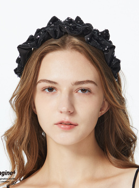 black imagine6｜伊能静同款蝴蝶结褶皱黑色缎面亮片明星发箍