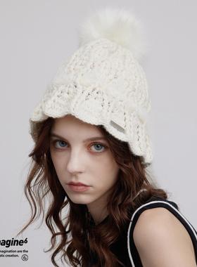 black imagine6时髦百搭大毛球羊毛手钩花纹毛线帽冷帽针织显脸小