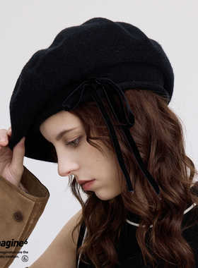 black imagine6 吕颖同款百搭丝绒蝴蝶结24秋冬毛线画家贝雷帽女