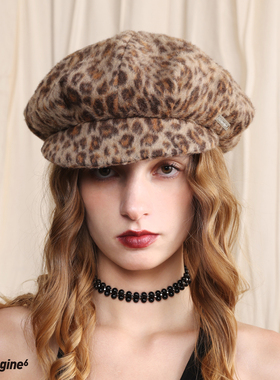 black imagine6 艺术感豹纹毛绒复古做旧报童帽贝雷帽25秋冬
