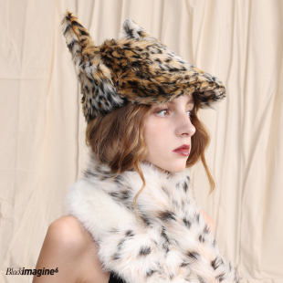 black imagine6 x by moossi联名系列猫耳朵前进帽毛绒豹纹贝雷帽