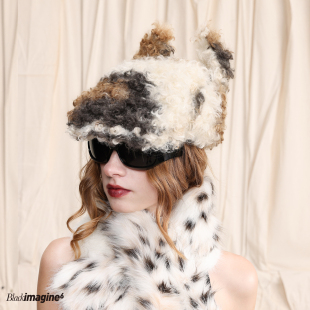 moossi联名设计猫耳朵前进帽毛绒皮草贝雷帽 imagine6 black