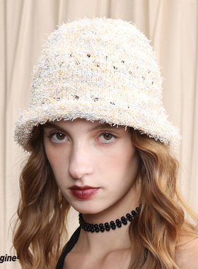 black imagine6｜设计师混色纱线莫兰迪镂空针织盆帽保暖秋冬男女