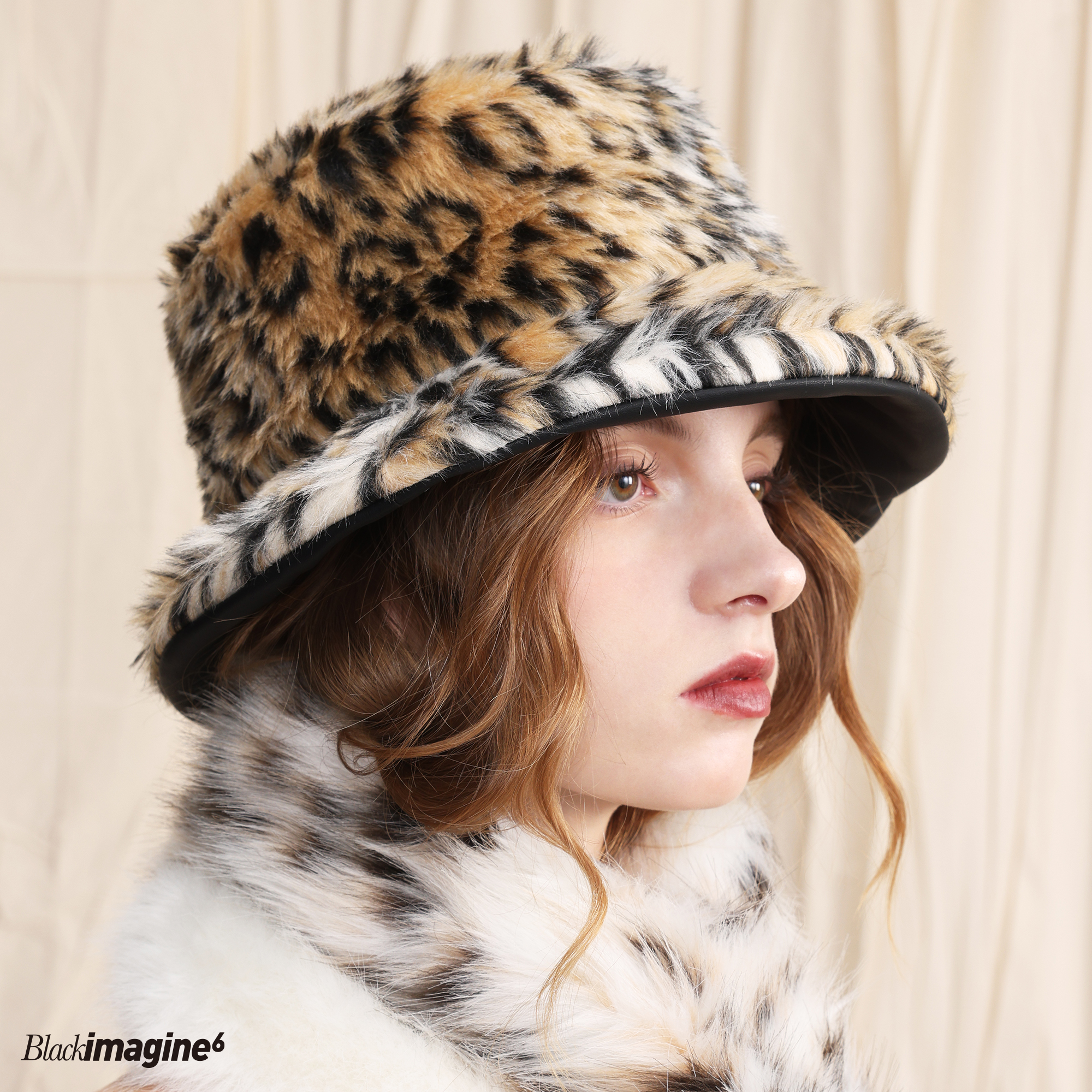 black imagine6 x by moossi联名盆帽毛绒豹纹环保皮草帽双面可戴