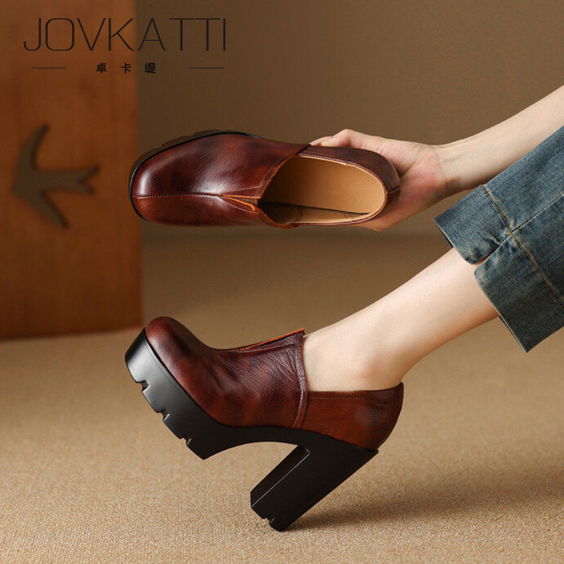 JOVKATTI云彩头层牛皮高跟鞋11cm防水台粗跟深口单鞋2025新款女鞋,女鞋,深口单鞋,淘宝优惠券,粉丝福利购,淘宝优惠卷
