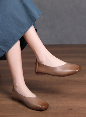 头层牛皮~奶奶鞋复古手工女鞋擦色方头浅口平底一脚蹬单鞋34-41码