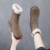 磨砂真皮平底短靴加绒马丁靴保暖加厚棉鞋 复古雪地靴女冬季 新款 靴