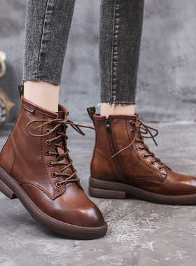 复古马丁靴女2025新款头层牛皮系带粗跟加绒短靴英伦侧拉链单靴子
