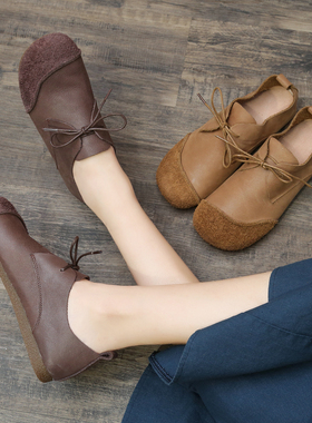 小众手工女鞋春季牛皮2026大码复古奶奶妈妈鞋平底真皮森系单鞋软