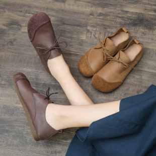 平底真皮森系单鞋 小众手工女鞋 复古奶奶妈妈鞋 牛皮2026大码 软 春季