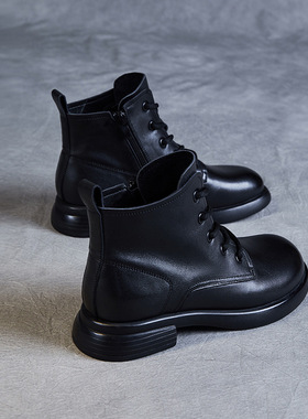 头层水洗牛皮系带马丁靴女复古英伦风低跟系带短靴侧拉链短筒靴子