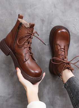 显瘦马丁靴女英伦风侧拉链复古粗跟真皮短靴森系大头娃娃鞋宽头软