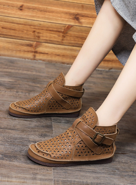 夏季薄款复古马丁靴女百搭真皮森系女鞋平底洞洞鞋大码春秋短靴子