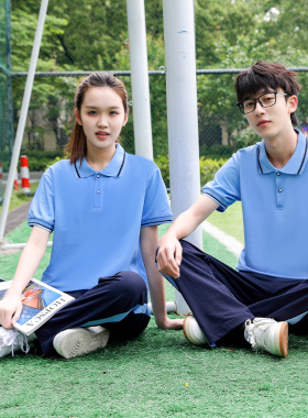 高中生校服短袖夏季纯棉t恤上衣男女翻领polo衫小学生班服天蓝色