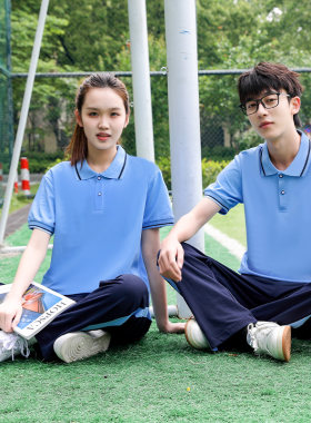 高中生校服短袖夏季纯棉t恤上衣男女翻领polo衫小学生班服天蓝色