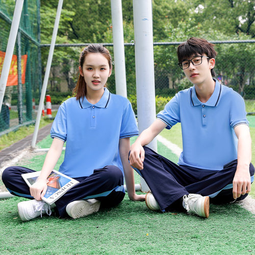 高中生校服短袖夏季纯棉t恤上衣男女翻领polo衫小学生班服天蓝色