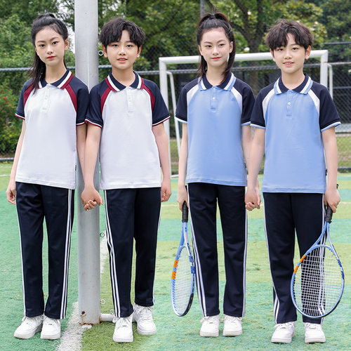 夏季小学白色校服套装短袖中学生两件套运动休闲班服宽松团购定制