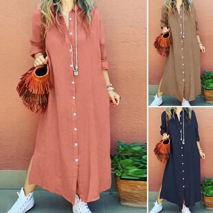 现货新款跨境亚马逊中东muslim撞色扣纯色翻领长袖宽松开衫连衣裙