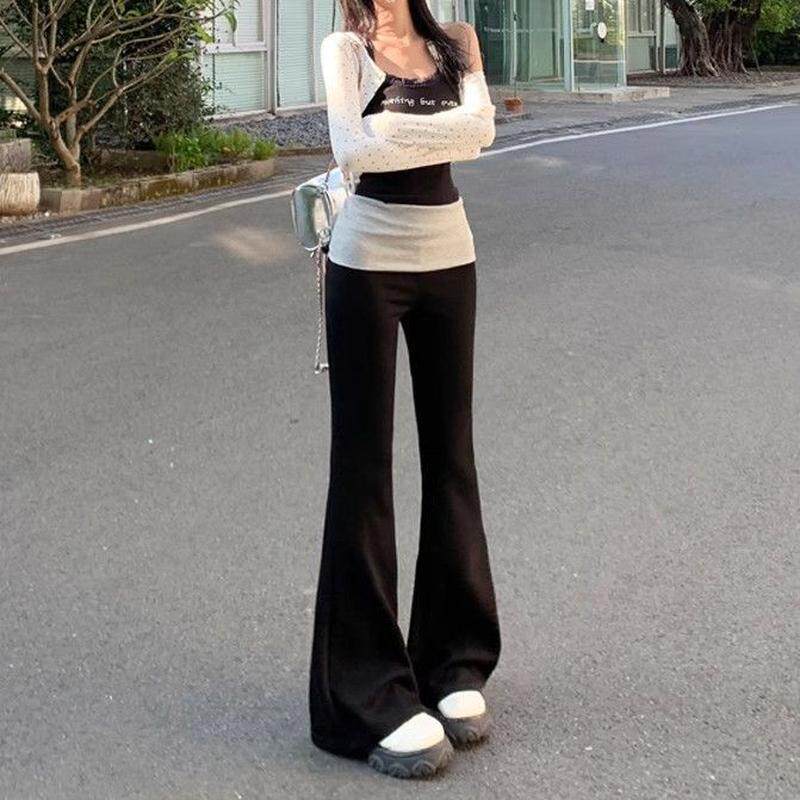辣妹低腰翻边微喇叭裤女夏季新款修身舒适显瘦遮肉休闲阔腿裤子潮