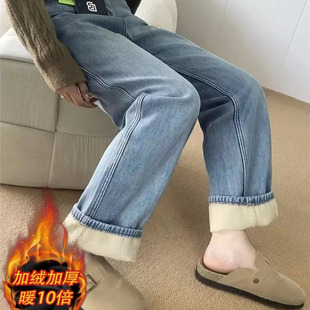 复古美式浅蓝高腰加绒牛仔裤男女2025秋冬季新款直筒裤窄版阔腿裤
