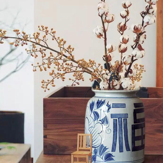 时尚摆件陶瓷喜福花瓶粗陶手绘青花喜字罐福字瓶客厅装饰书房陈列图片