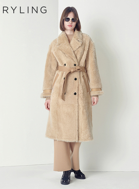 MARYLING玛俪琳冬季浅驼色双排扣皮毛一体长款大衣A1CIW9S030