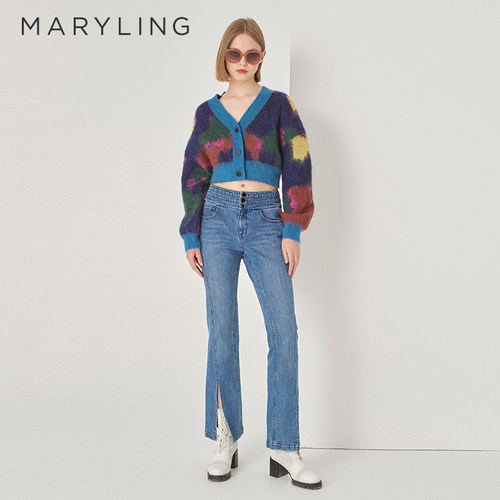 MARYLING短款V领单排扣针织开衫
