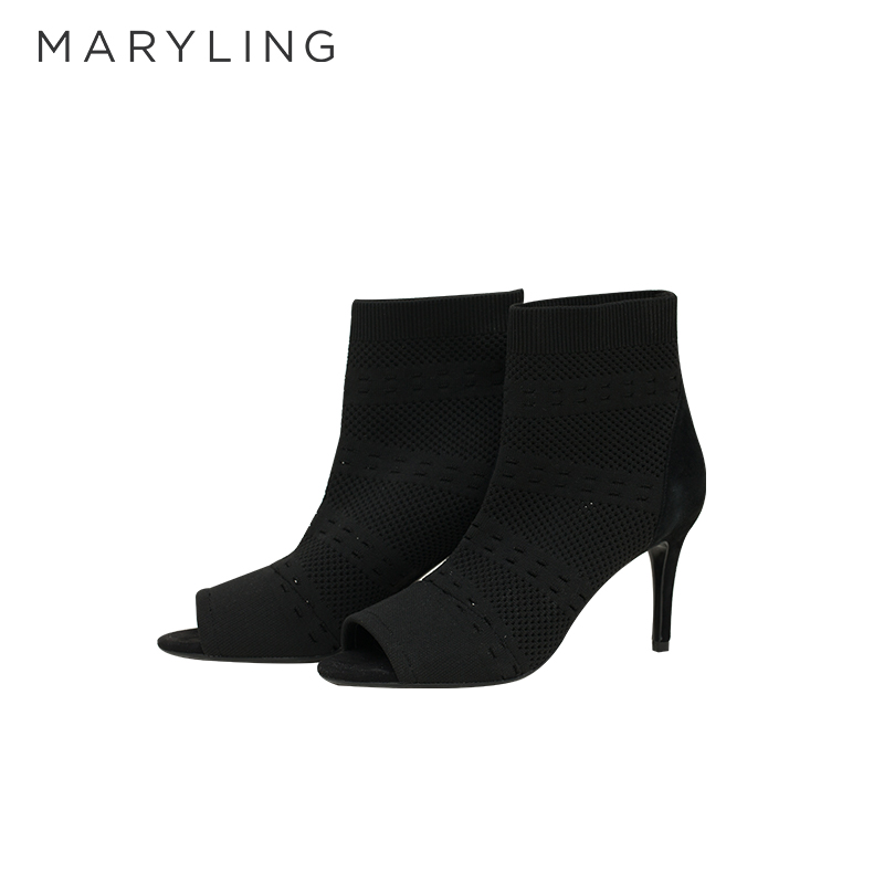 maryling黑色浅口弹力袜筒高跟鞋