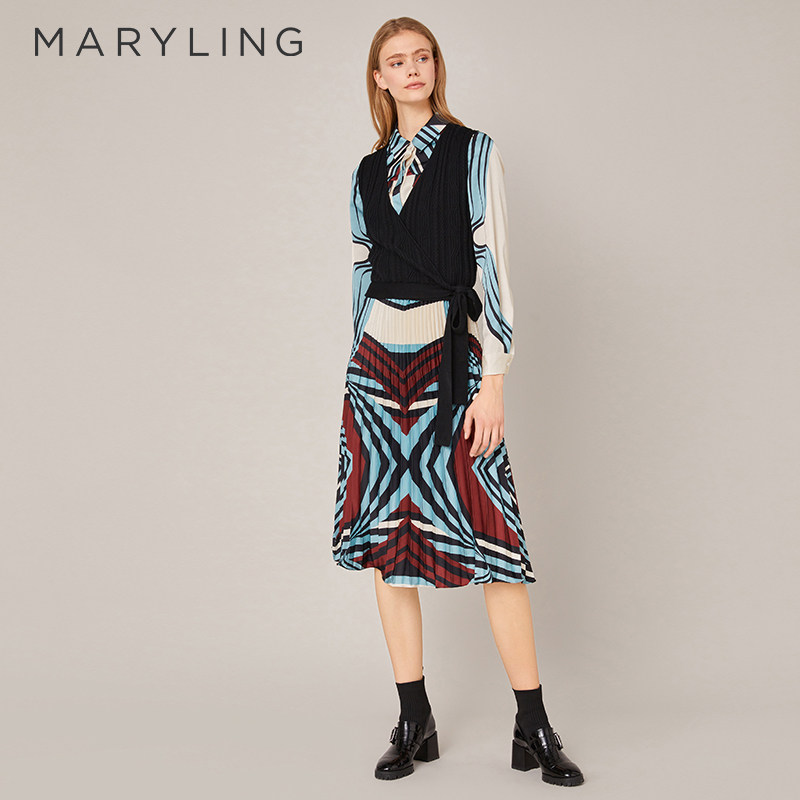 MARYLING玛俪琳艺术水波纹印花百褶衬衫连衣裙A1BHW66310