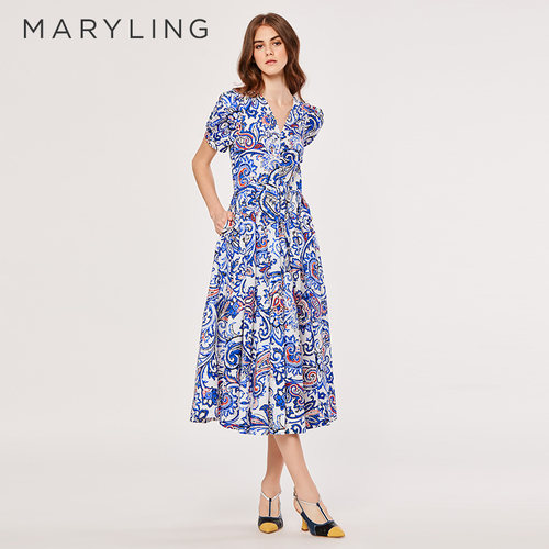 MARYLING印花泡泡袖V领连衣裙