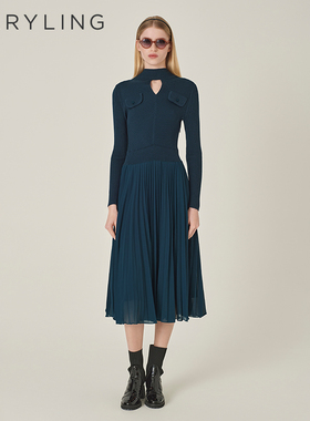 MARYLING玛俪琳冬季新品孔雀绿小高领针梭连衣裙A1EIW62780