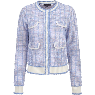 MARYLING玛俪琳春秋新品粉蓝色圆领格子针织开衫A1DBW08860