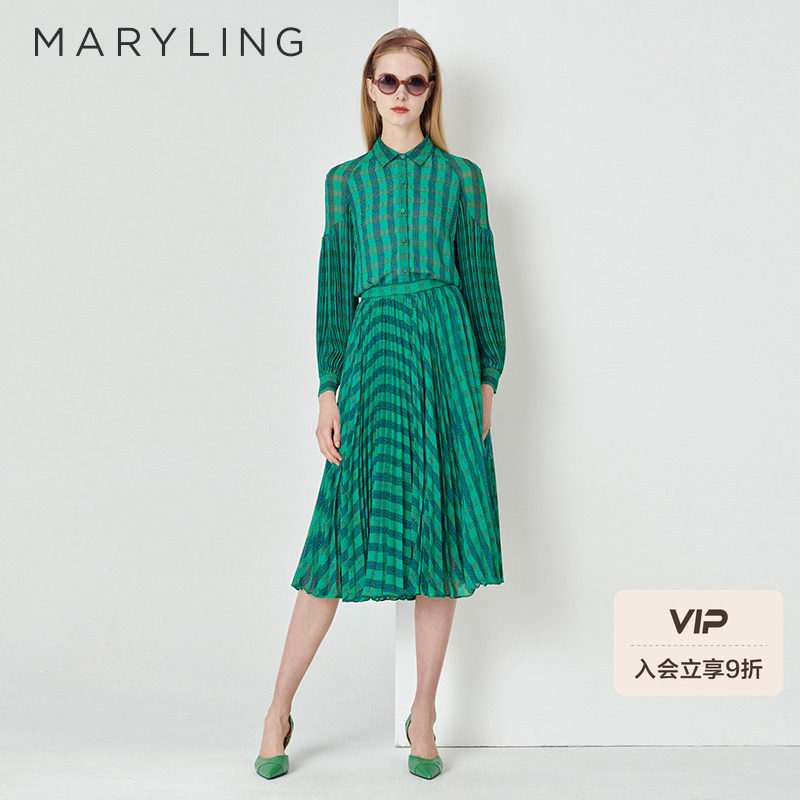 MARYLING玛俪琳春秋蓝绿方格印花千鸟格百褶半裙A1DAW7