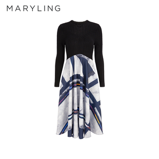 MARYLING玛俪官方正品修身针织拼接印花连衣裙女长袖秋冬新款
