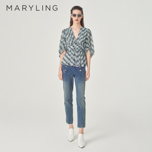 MARYLING黑灰条拼绿格V领上衣